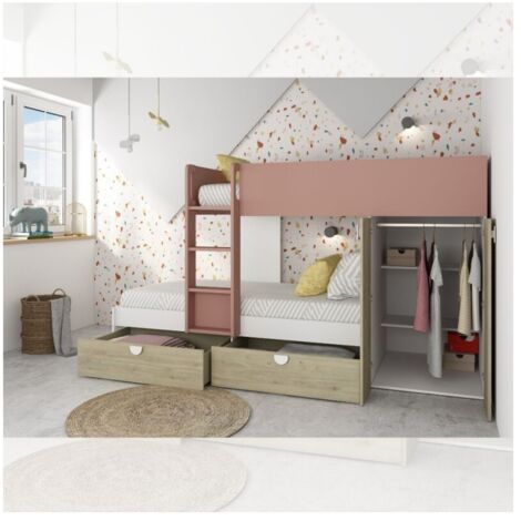 Cameretta con letto a castello con cassettoni e armadio reversibile colore rovere e rosa antico