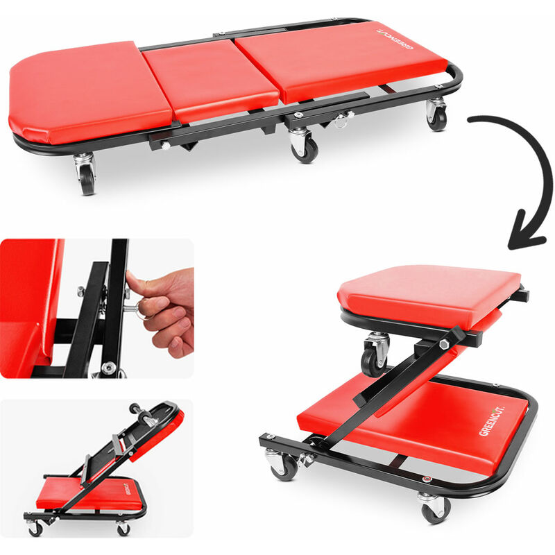

Camilla de taller mecánico convertible en asiento o taburete de trabajo, con reposacabezas, 150kg carga máxima, 104x44cm - Greencut MFS360