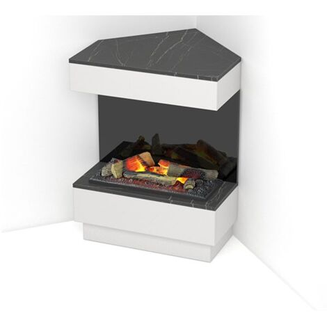 Caminetto elettrico angolare Da Pavimento Autoportante a LED - Bianco opaco / marmo nero - 70 x 95 x 30/65 - 400 / 600 - TARAVO