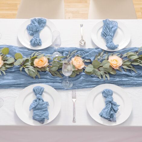 [Camino de mesa] Camino de mesa festivo confeccionado en tela plisada, elegante y biodegradable, azul claro, poliéster, 90 x 400 cm
