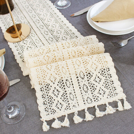 Camino de mesa con borlas, camino de mesa con borlas de encaje floral mixto, ideal para decoración de mesas de boda, despedidas de soltera, decoración de mesas (24 x 160 cm)
