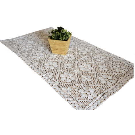 Camino de mesa de algodón blanco a crochet, 60 x 120 cm, encaje blanco
