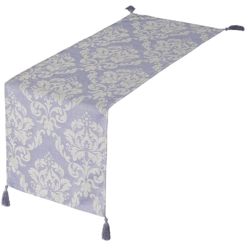 

Camino de mesa Flor de Lis con pompones azul de tela Jacquard de 150x50 cm