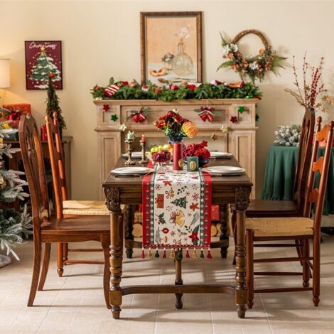 Camino de mesa navideño, mantel de algodón con borlas, ideal para el invierno (35 x 180 cm)