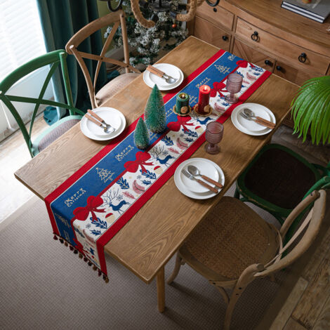 Camino de mesa navideño, mantel de algodón con borlas, ideal para el invierno (35 x 180 cm)