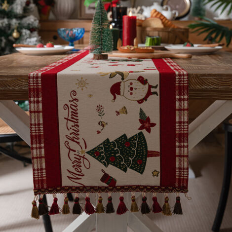 Camino de mesa navideño, mantel de algodón con borlas, ideal para el invierno (35 x 180 cm)