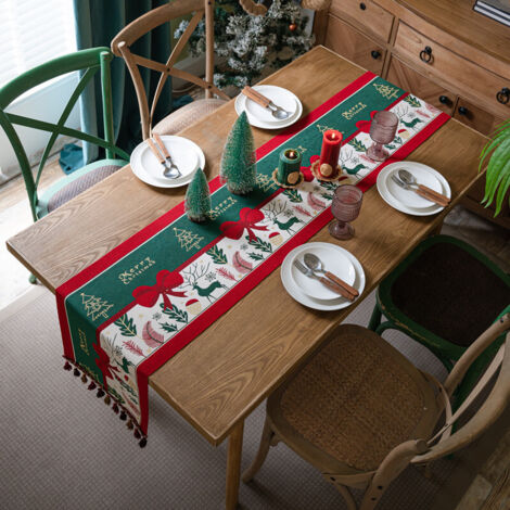 Camino de mesa navideño, mantel de algodón con borlas, ideal para el invierno (35 x 180 cm)