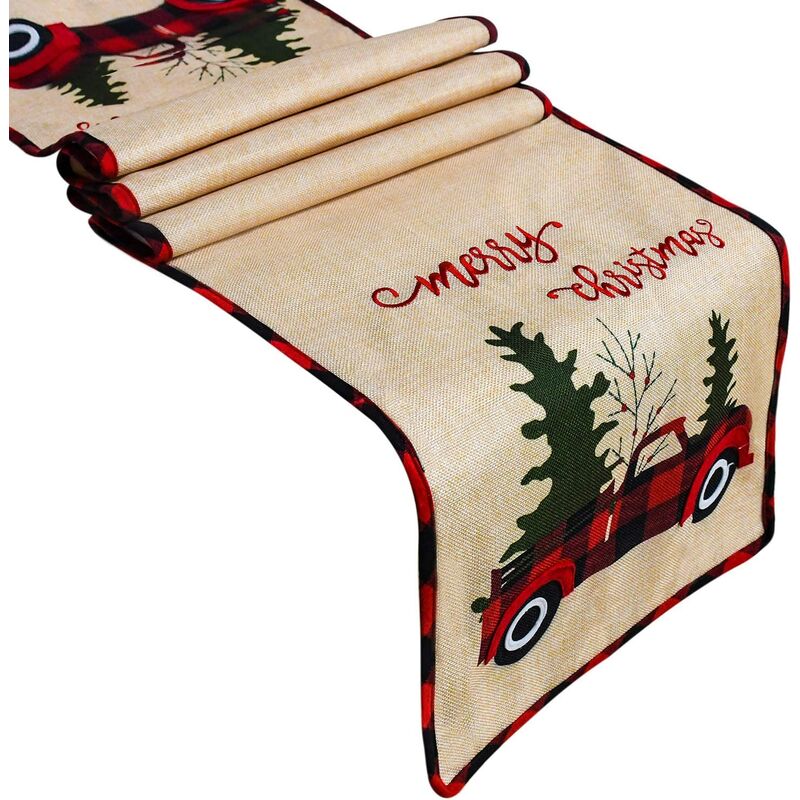 

Camino de mesa navideño de arpillera, bordado feliz Navidad, camino de mesa navideño rústico con árbol de camión rojo para decoración de mesa de