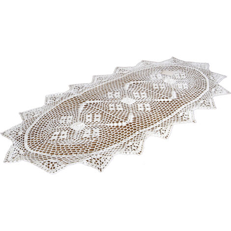 Camino de mesa ovalado de ganchillo blanco de 50x100 cm. Mantel ovalado de hilo blanco.