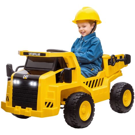 Camion giocattolo 12V Caterpillar con telecomando, luci, benna e pala, escavatore in PP e metallo giallo