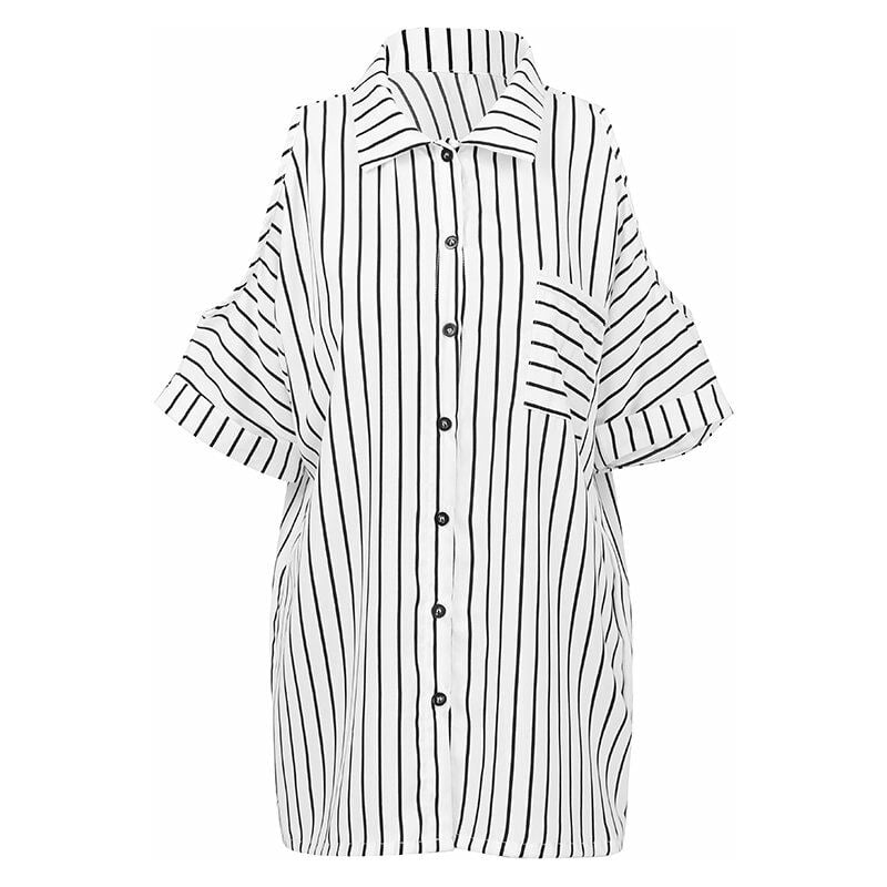 

Camisa a rayas de mujer sexy Botones de hombro frio Blusa informal de verano irregular de manga corta Top,Blanco, L