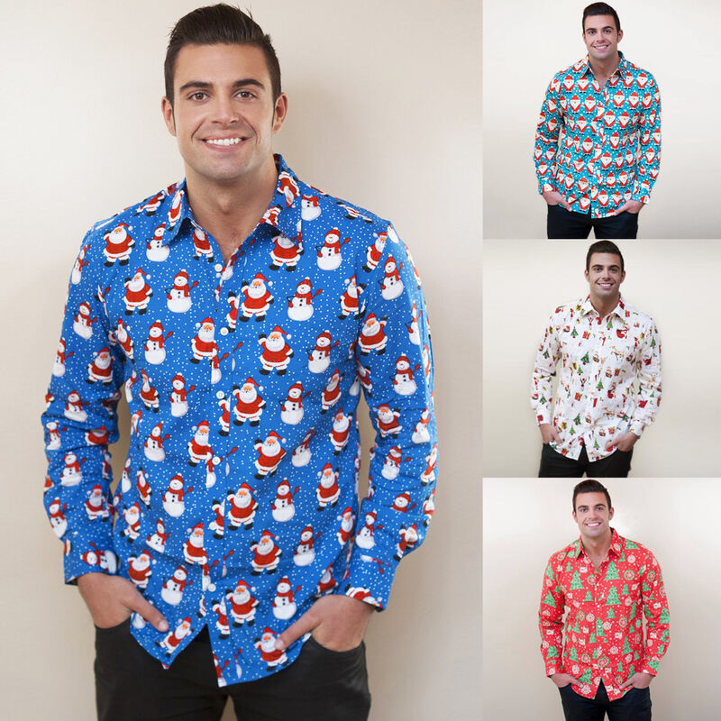 

Happyshopping - Camisa con estampado navideno para hombre de otono Camisa de vestir de manga larga con dibujos animados de vacaciones Camisa casual