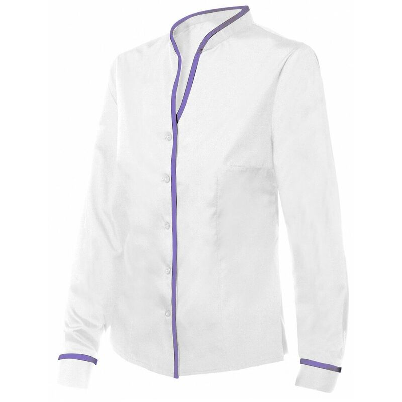 

Camisa manga larga de hostelería mujer combinada con Cuello Mao Serie PVIURA | S - Blanco / Morado - Velilla