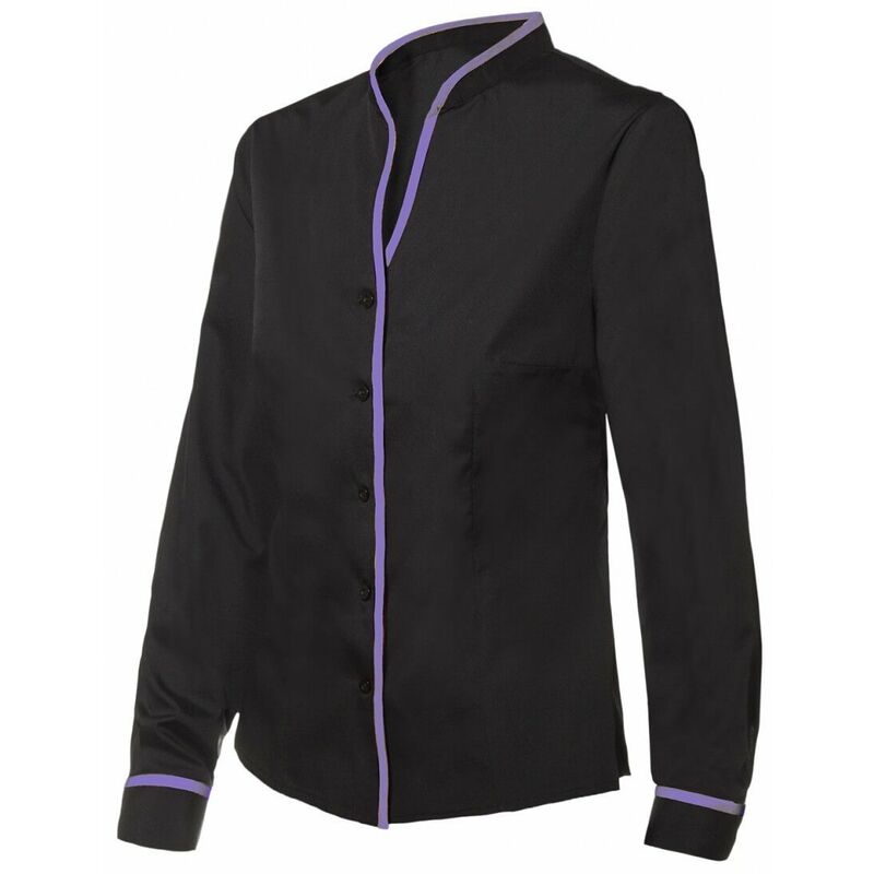 

Camisa manga larga de hostelería mujer combinada con Cuello Mao Serie PVIURA | M - Negro / Morado - Velilla