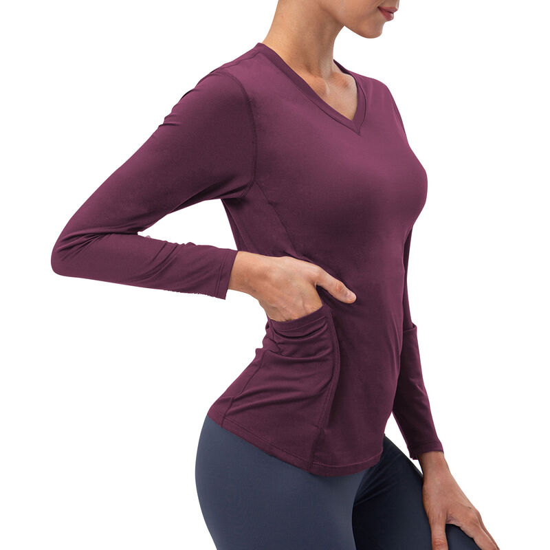 

Asupermall - Camisa deportiva para mujer con bolsillo, estiramiento de secado rapido, delgado, cuello en V, mangas largas, camiseta de yoga,