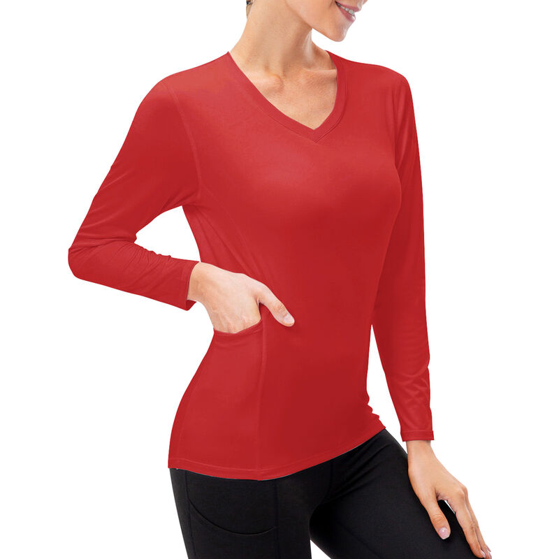 

Camisa deportiva para mujer con bolsillo, estiramiento de secado rapido, delgado, cuello en V, mangas largas, camiseta de yoga, tops,Rojo, XX-Large