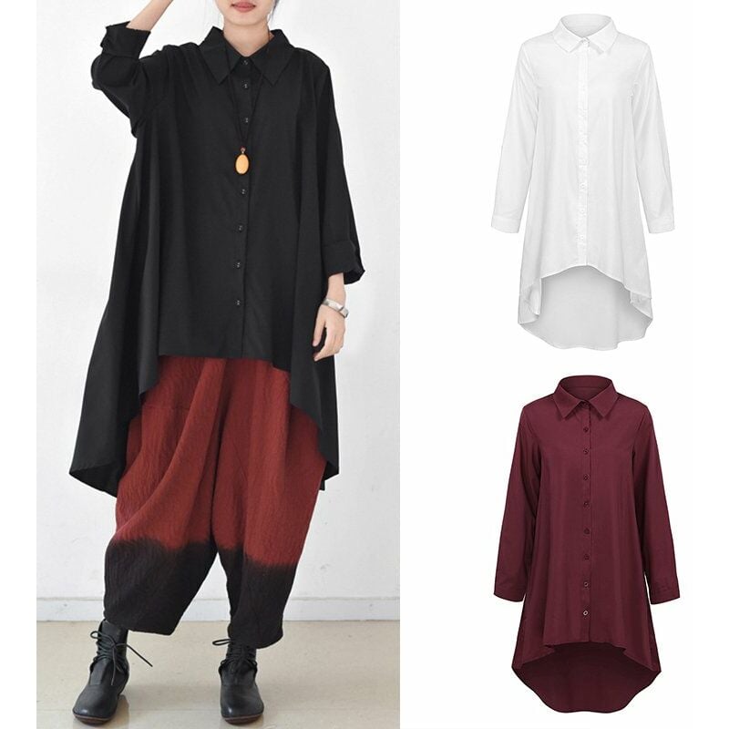 

Camisa holgada de mujer de manga larga con botones en la parte delantera alta baja blusa larga Tops casuales Cover Ups,Negro, M