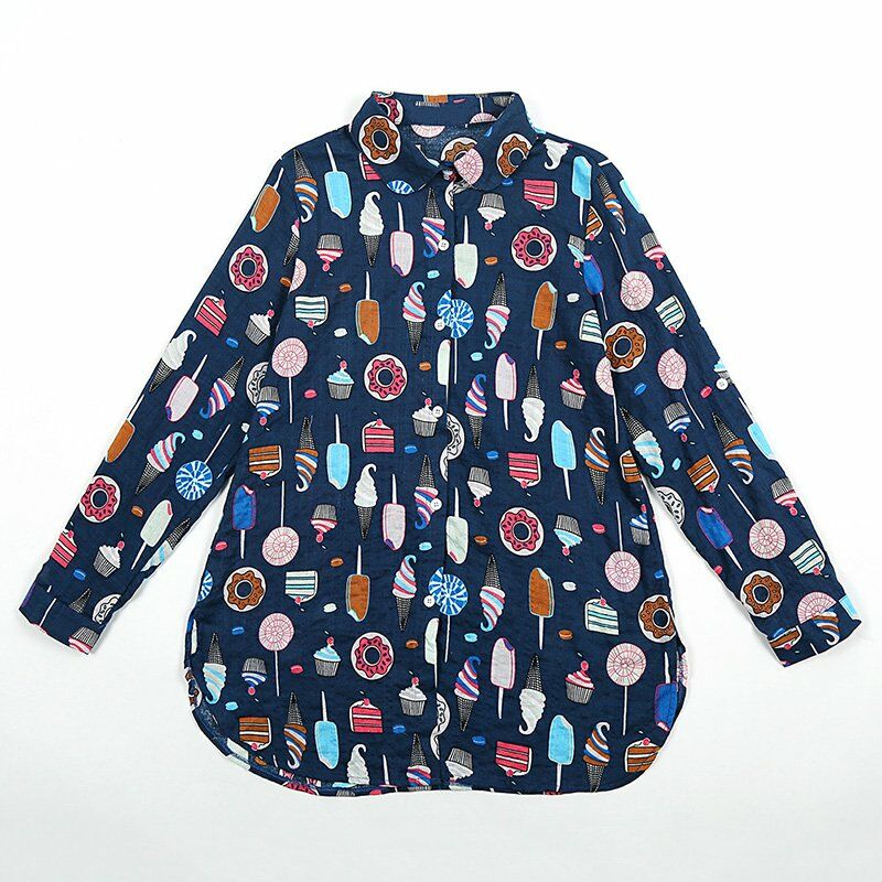 

Camisa larga para mujer Foods Print Mangas largas Cuello vuelto Botones casuales Blusa,Azul, M
