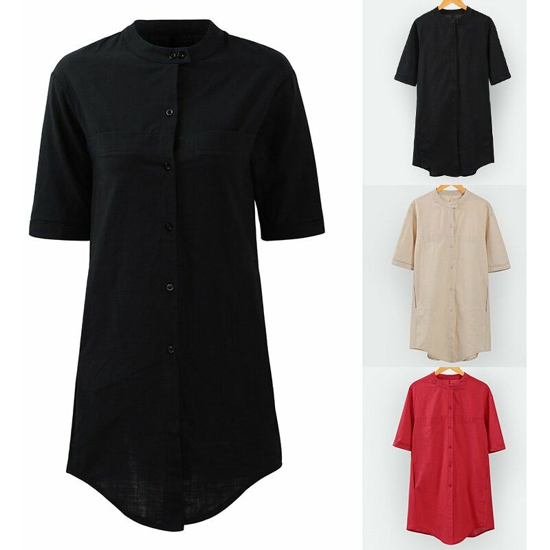 

Camisa larga vintage para mujer, mangas 3/4, bolsillos laterales con botones, blusa informal de algodon suelta, blusa,Borgona, XXXXL