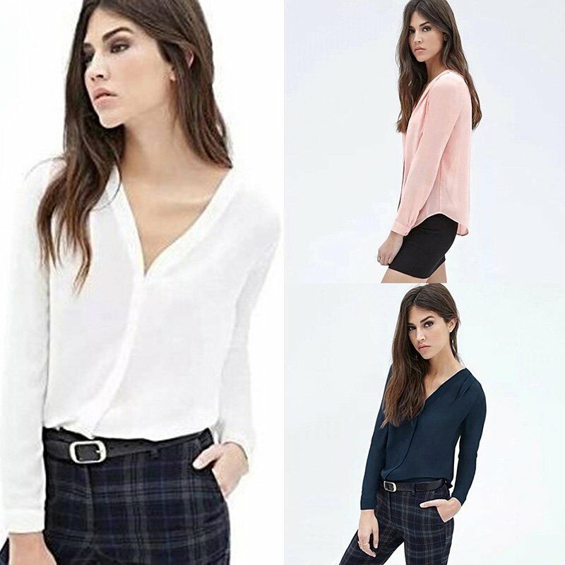 

Camisas de mujer de moda Blusa de gasa Cuello en V Manga larga Solido OL Damas Casual Tops sueltos Blanco / Rosa / Azul real