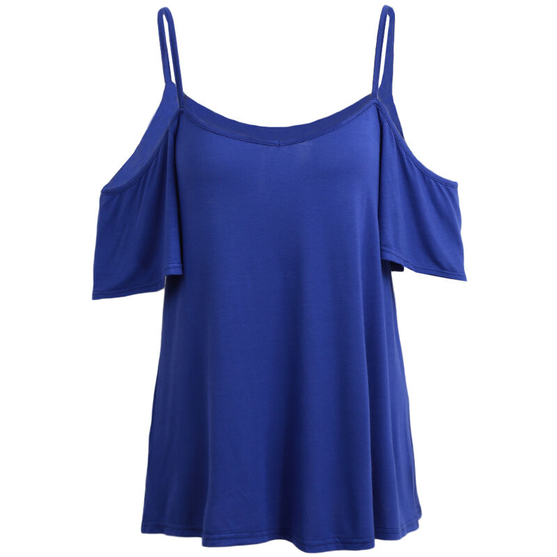 

Camiseta basica de verano para mujer, con hombros descubiertos, manga corta, color solido, camiseta informal holgada,Azul, L