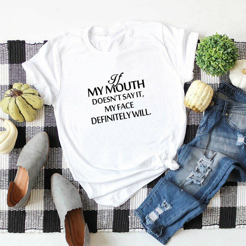 

Camiseta casual de algodon para mujer MY BOCA Estampado de letras Manga corta Cuello redondo Camisetas sueltas,Blanco, 5XL