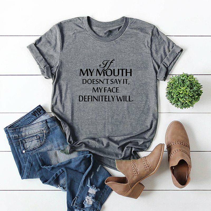 

Camiseta casual de algodon para mujer MY BOCA Estampado de letras Manga corta Cuello redondo Camisetas sueltas,Gris, 4XL