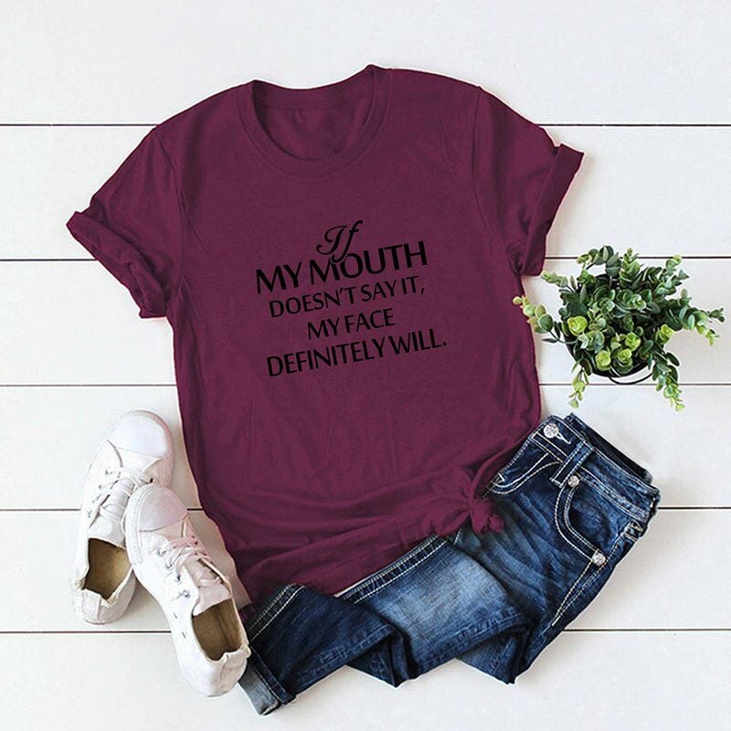 

Camiseta casual de algodon para mujer MY BOCA Estampado de letras Manga corta Cuello redondo Camisetas sueltas,Borgona, L