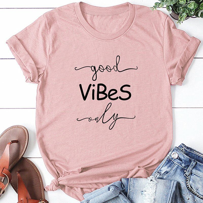 

Camiseta casual de algodon para mujer Vibes, estampado de letras, manga corta, cuello redondo, camisetas sueltas,Rosa, 2XL