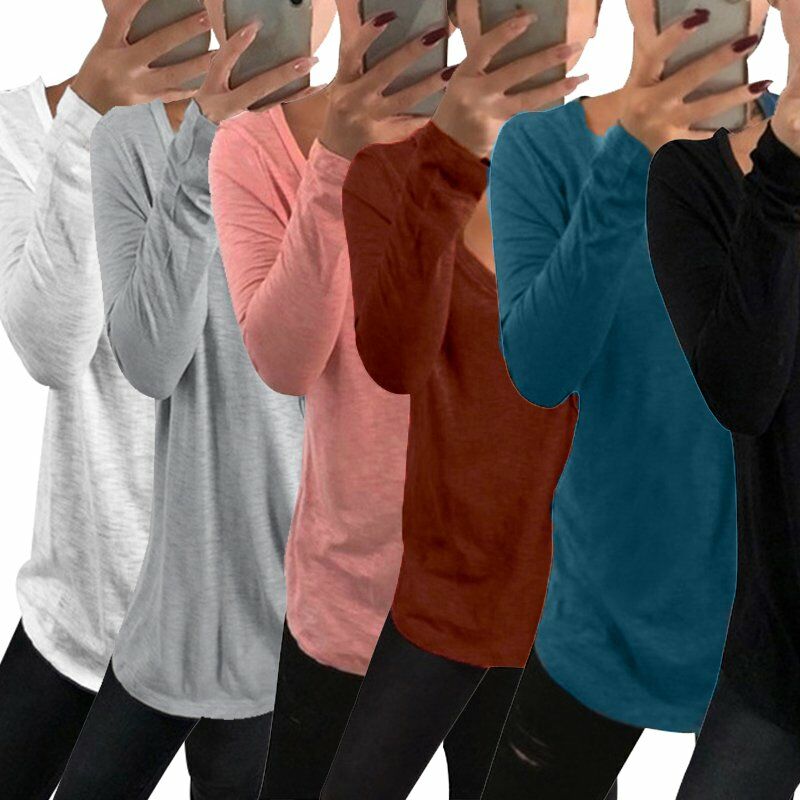 

Camiseta casual de talla grande para mujer, cuello en V, manga larga, blusa solida de gran tamano, camiseta con dobladillo asimetrico, camisetas