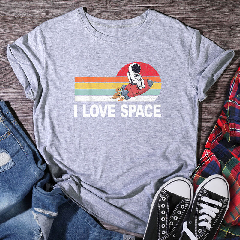 

Camiseta de algodón de manga corta con I Love Space Astronaut, inscripción gris claro 2pcs （M + L）