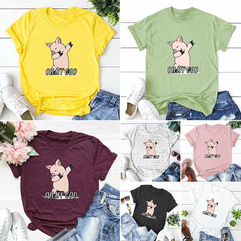 

Camiseta de algodon informal de verano para mujer, estampado de cerdo y letras, cuello redondo, manga corta, camisetas bonitas, jersey,Negro, 5XL