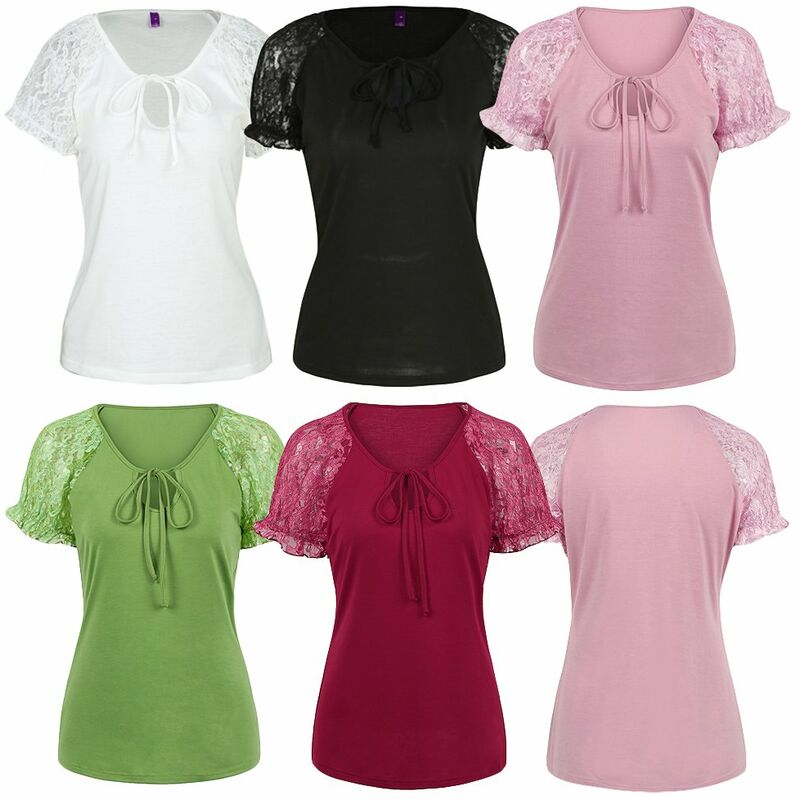 

Camiseta de manga de encaje floral para mujer a la moda,Borgona, XL