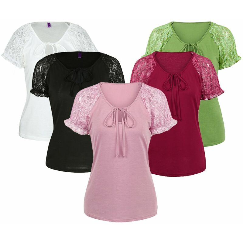 

Camiseta de manga de encaje floral para mujer a la moda,Verde, XL