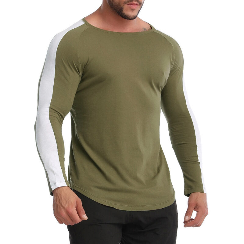 

Camiseta de manga larga para hombre, cuello redondo, empalme, camisetas deportivas de talla grande para fitness,Verde militar, grande