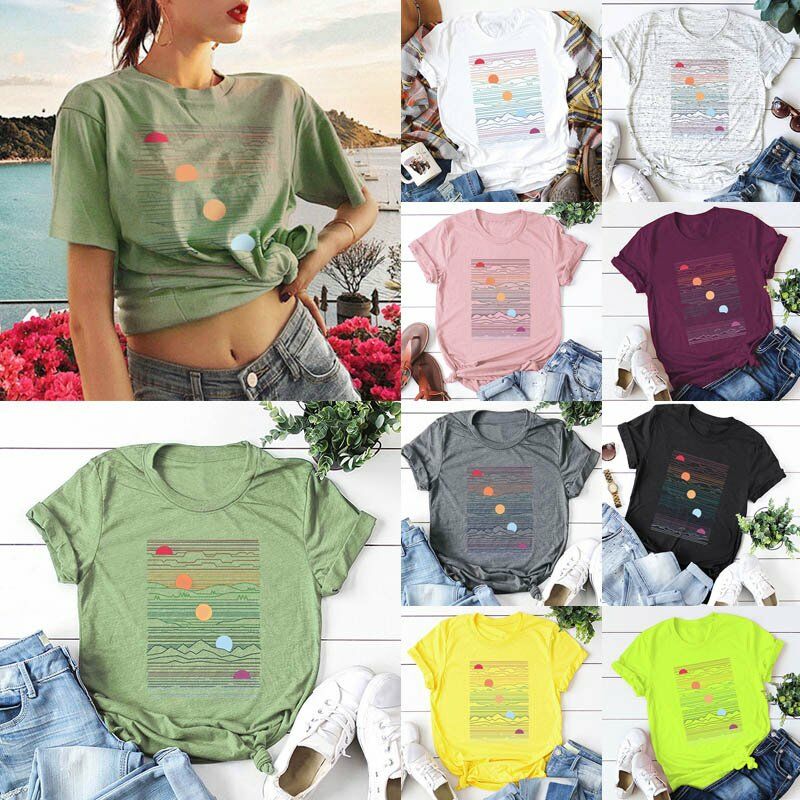 

Camiseta de moda para mujer, manga corta, cuello redondo, estampado de amanecer, talla grande, algodon, camisetas frescas, camisetas casuales,Blanco,S