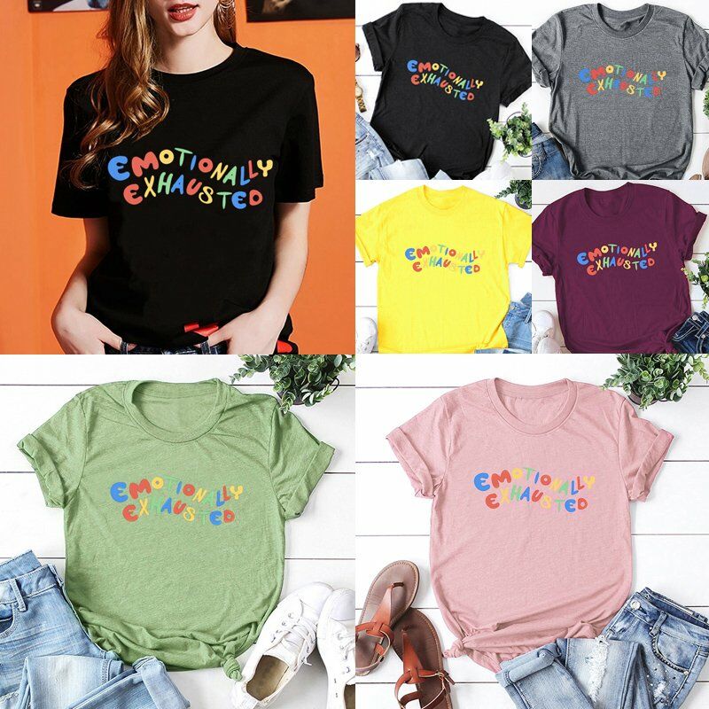 

Camiseta de moda para mujer, manga corta, cuello redondo, letras impresas, EMOCIONALMENTE AGOTADO, camisetas geniales de algodon de talla grande,