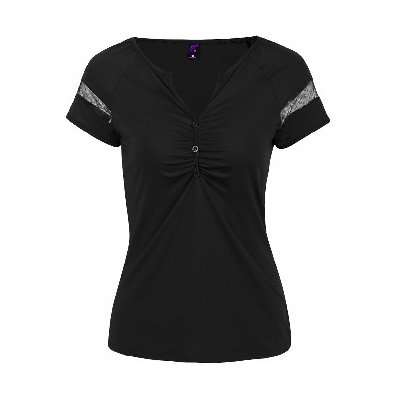 

Camiseta de mujer de moda Color solido Empalme de encaje Mangas cortas Cuello en V Casual Top Pullover,Negro, XXL