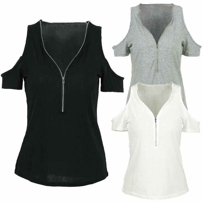 

Camiseta de mujer Solido Elastico Acanalado V Profundo Hombro frio Cremallera Manga corta Recorte Tops casuales delgados,Negro, L
