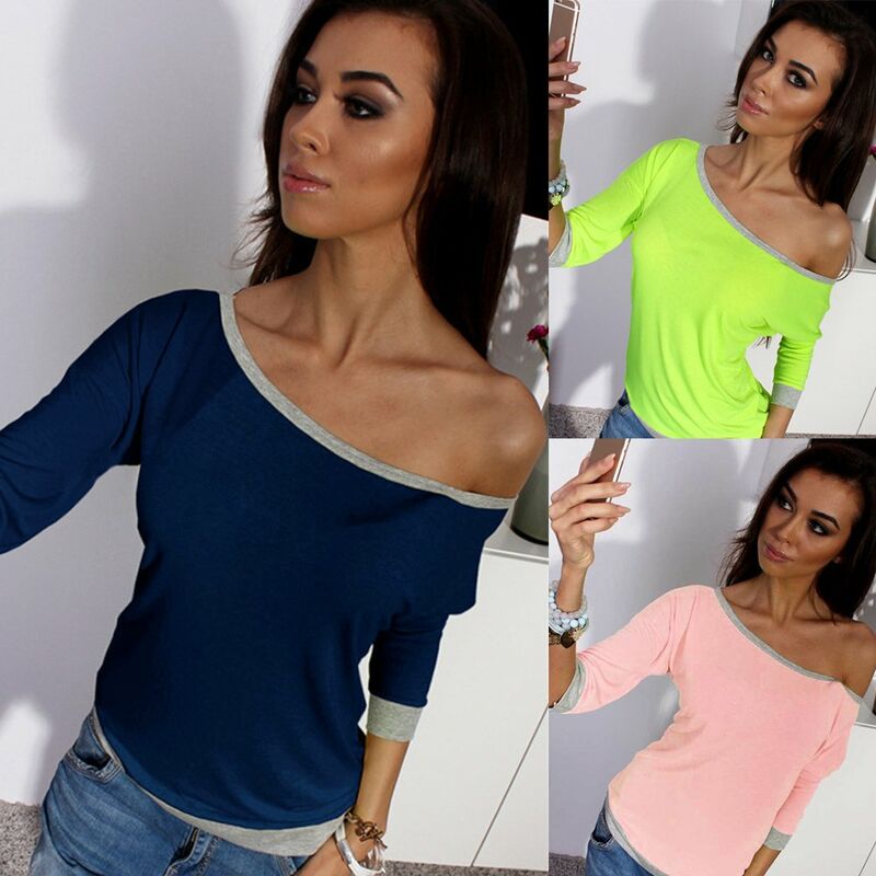

Camiseta de mujer Un hombro fuera del hombro Contraste Color 3/4 Manga suelta Tallas grandes Tops casuales,Rosa, M