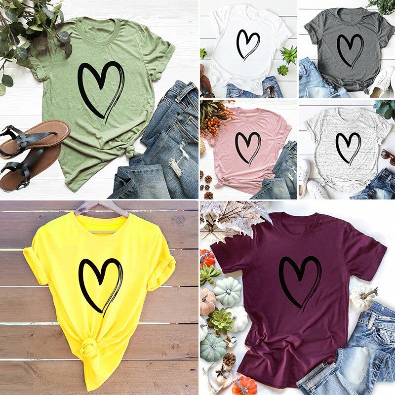 

Camiseta de talla grande para mujer, estampado de amor de corazon, algodon, cuello redondo, manga corta, camisetas casuales bonitas,Gris claro, XXXXXL