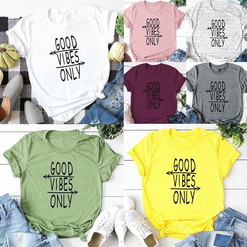 

Camiseta de talla grande para mujer Flechas Letras Lema Estampado Cuello redondo Manga corta Camiseta fresca Tops de verano,Amarillo, L