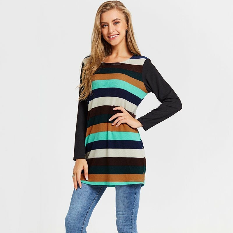 

Camiseta holgada para mujer Tunicas de tejido a rayas coloridas Camisetas largas Camisas Tops casuales de gran tamano