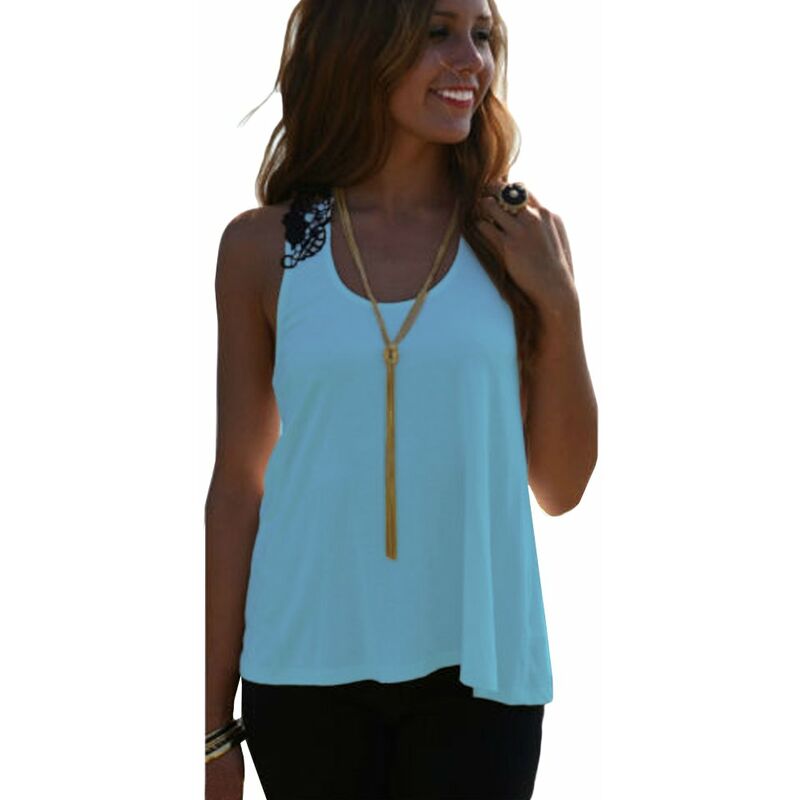 

Camiseta sin mangas casual sin mangas del chaleco del verano de las mujeres Camiseta del cordon del ganchillo del tanque,azul,S