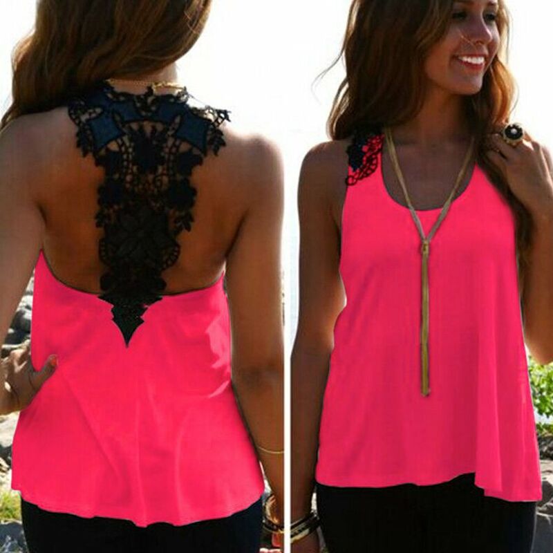 

Camiseta sin mangas casual sin mangas del chaleco del verano de las mujeres Camiseta del cordon del ganchillo del tanque,Rosa, XXL