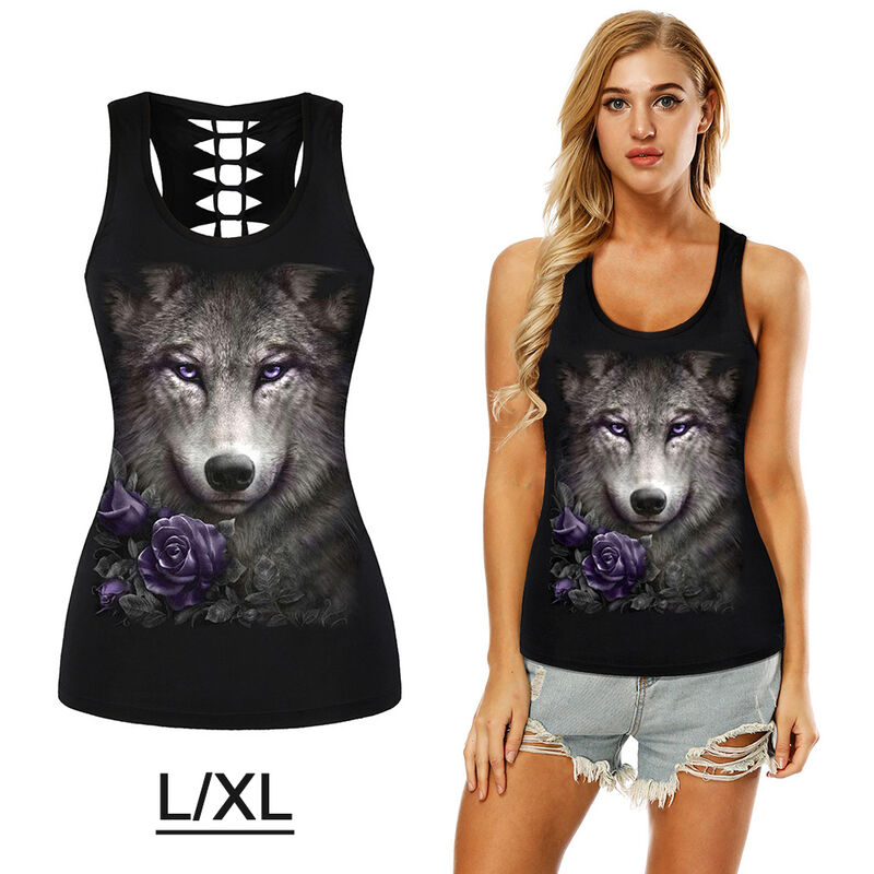 

Camiseta sin mangas con estampado de calavera de Halloween para mujer, camiseta sin mangas con estampado de lobo en 3D para verano, L / XL, Negro