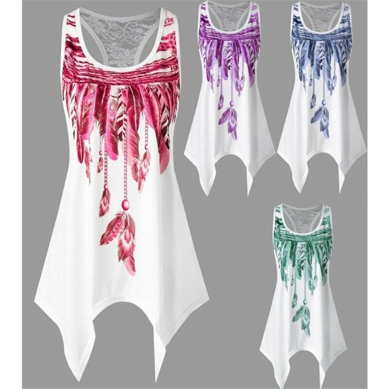 

Camiseta sin mangas con estampado de plumas sin mangas para mujer, camiseta asimetrica con cuello en O, blusa de verano de talla grande, rojo, S