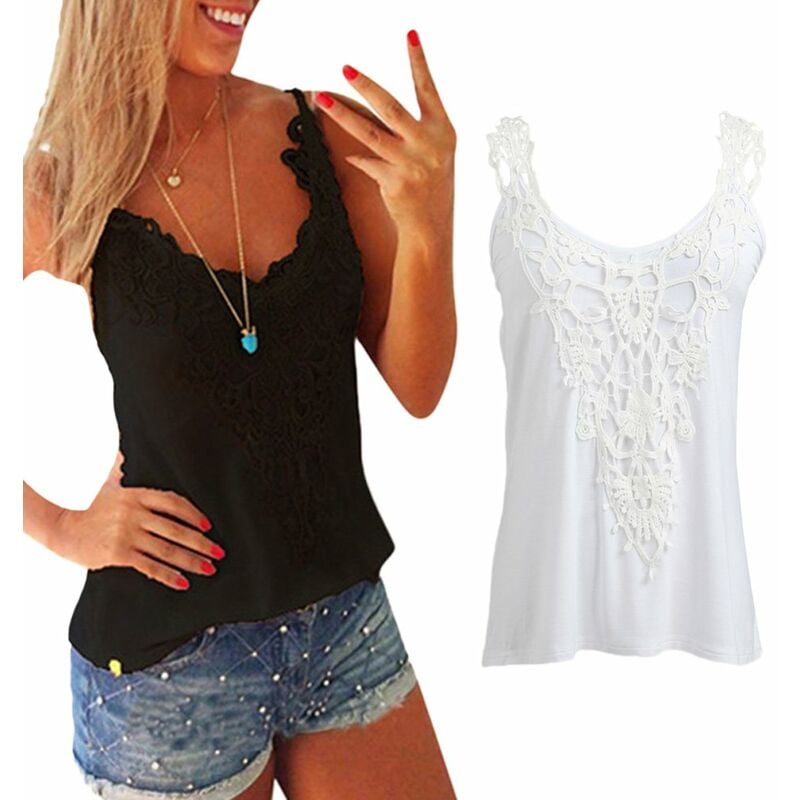 

Camisetas sin mangas elasticas para mujer, chaleco de ganchillo de encaje con cuello redondo, ajustado, ajustado, Sexy, camisola de verano, blanco /