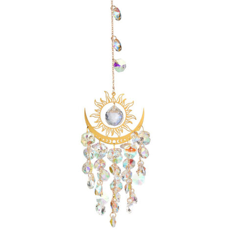 Campana de viento de cristal con atrapaluz solar [Sol y Luna] – Decoración colgante brillante para jardín/patio, 38 cm (84 g) con decoración que atrapa la luz
