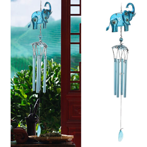 Campana de viento "Elefante Azul" para exteriores – Campana de viento para jardín, balcón o terraza con 4 tubos de aluminio y colgante de cristal – Campana de viento "Elefante Azul"